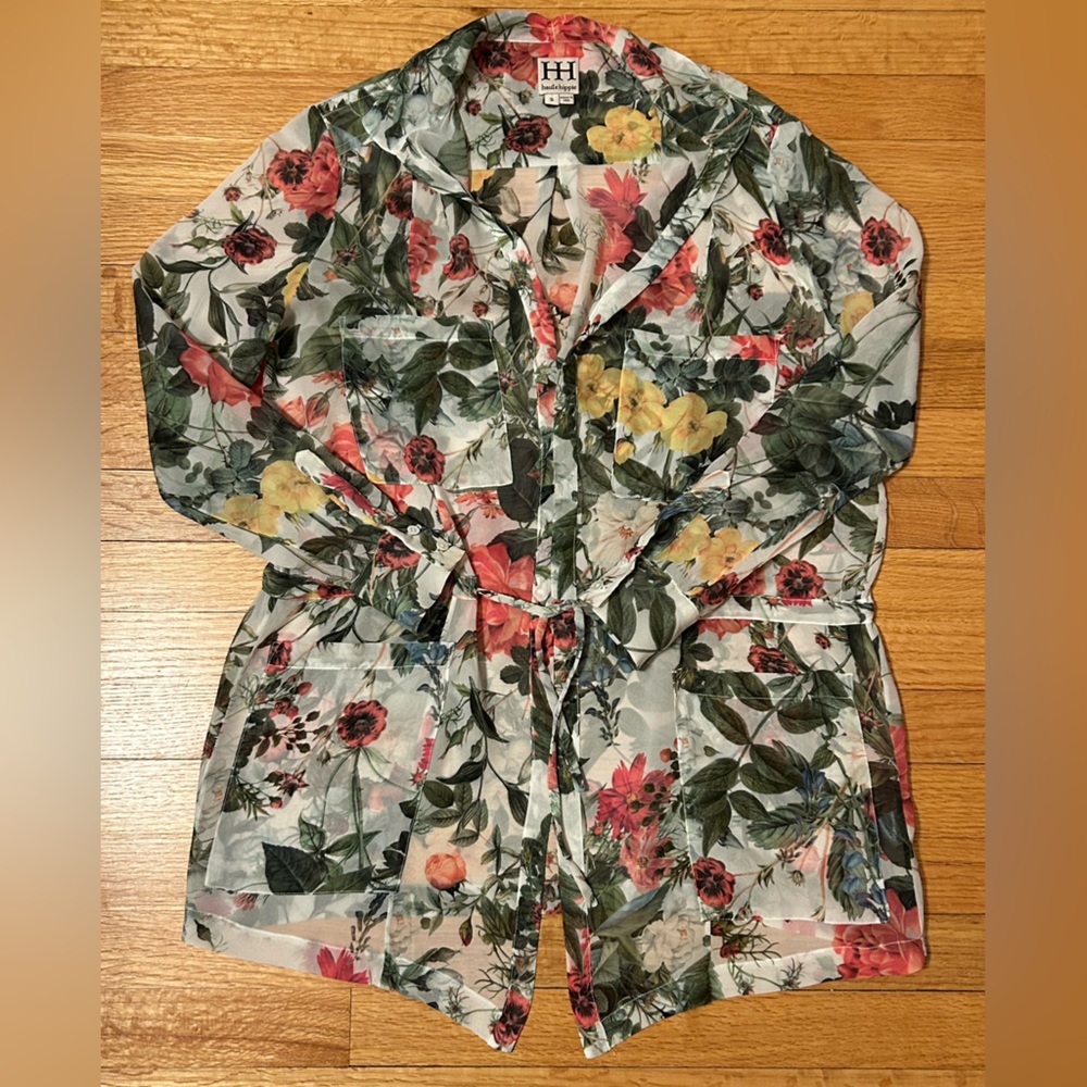 Haute Hippie Sheer Silk Floral Tunic, Rollup Sleeves Open Front Drawstring Waist - Picture 9 of 16